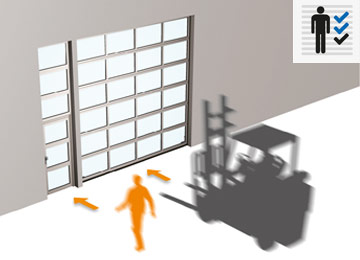 Separate doors for people and goods, but incorporated into the same opening